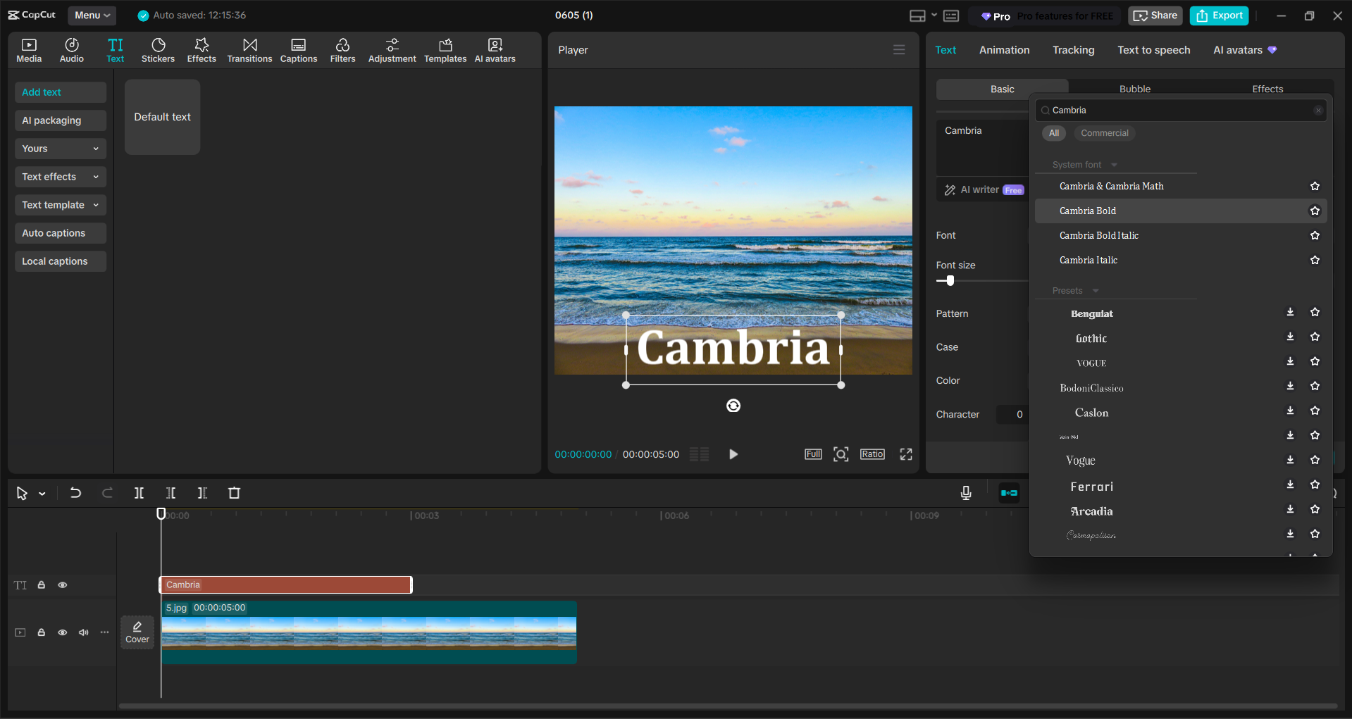 Interface of the CapCut desktop video editor - an easy way to add Cambria fonts to videos