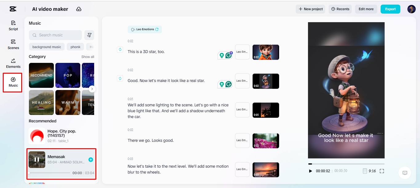 Adding background music to video in CapCut's AI video maker