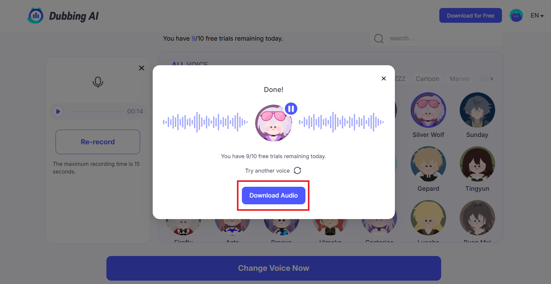 Download dubbed audio with new voice option in Dubbing AI Voice Changer