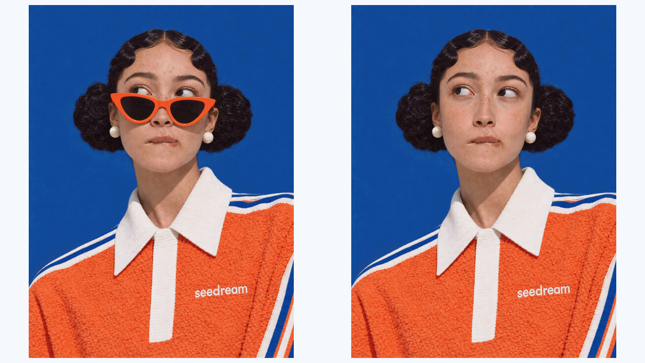 Dos fotogramas de la demostración de edición de Seedream 5,5 que muestran un cambio de gafas objetivo