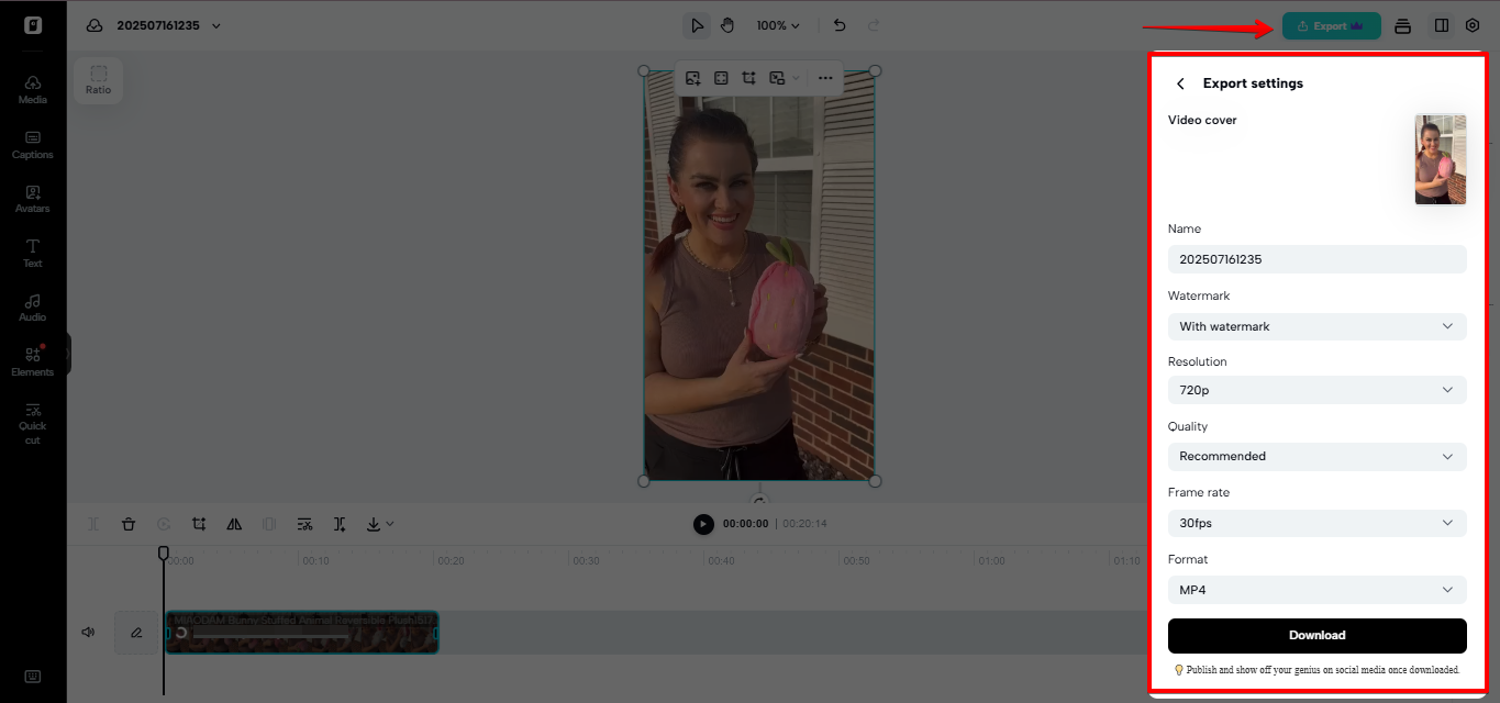 Exporting video from Pippit