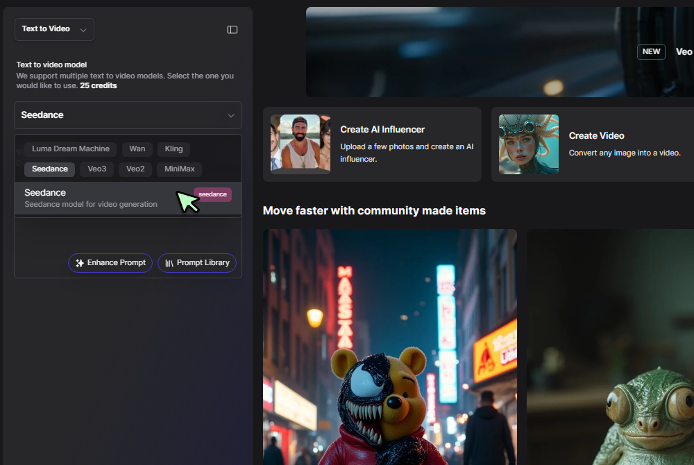 Interface of Seedance - another AI video generation model