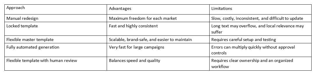 Table comparing banner localization approaches, advantages, and limitations.