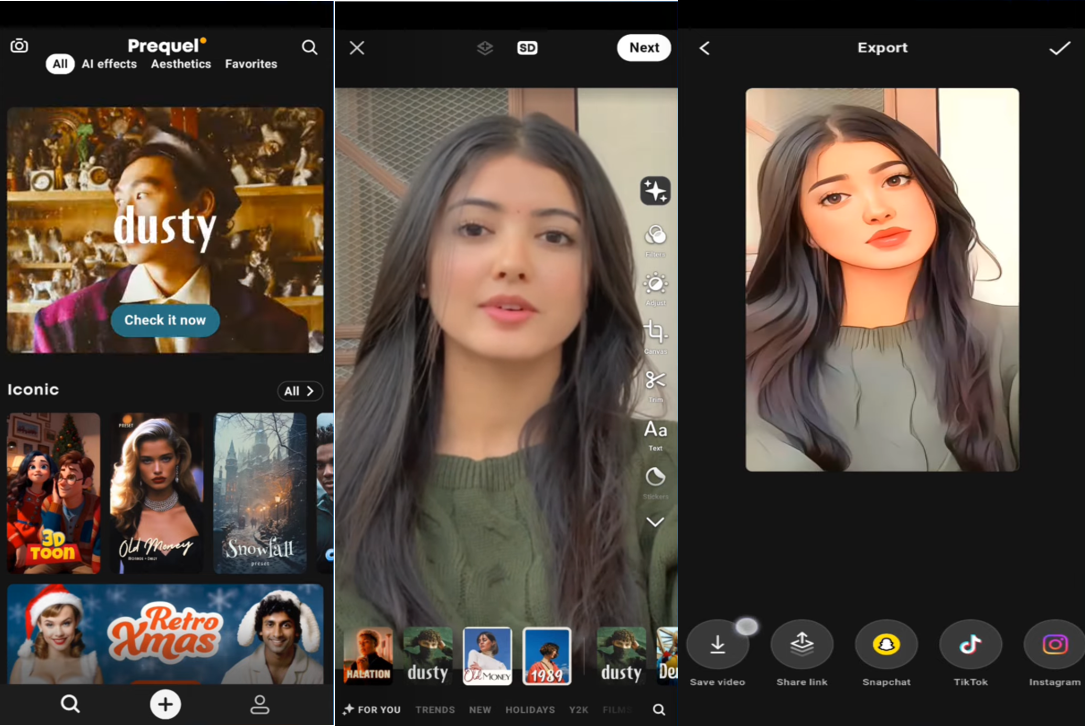 Interface of Prequel - AI cartoon video generator for free on mobile