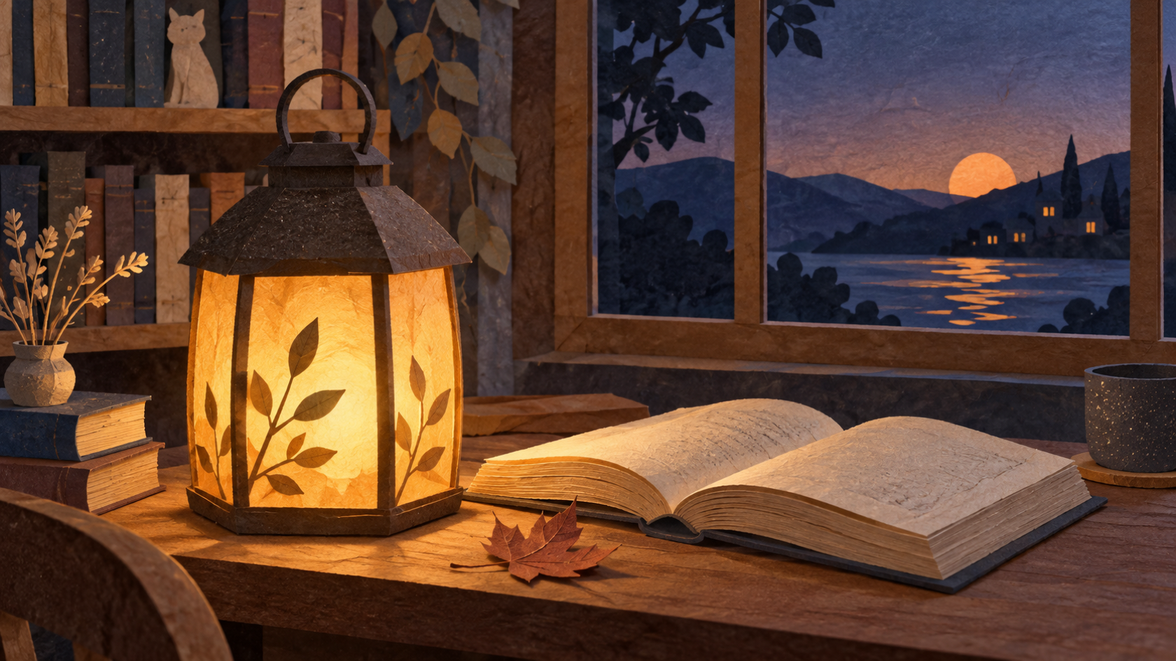 An original warm paper lantern and book rendered as a tactile paper-cut scene
