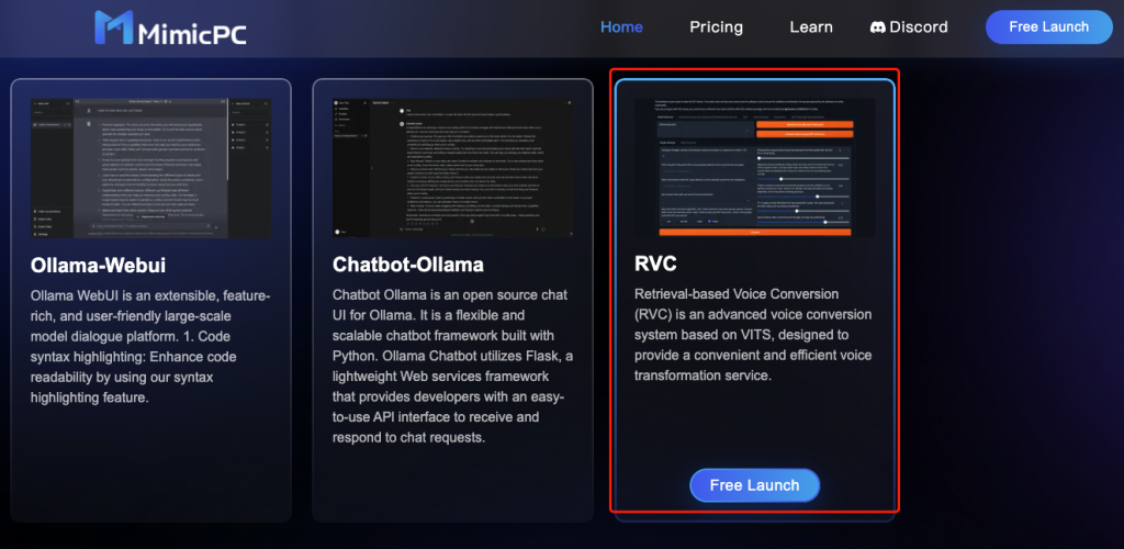 Interface of MimicPC - the most efficient RVC voice changer for Discord