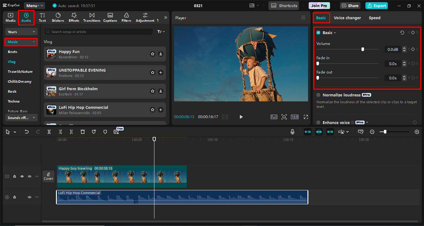 Adding and adjusting the music using the CapCut desktop video editor