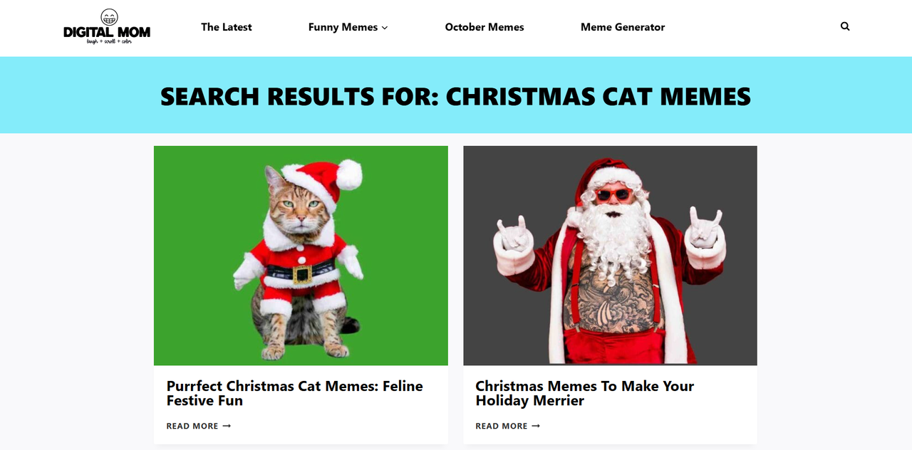 Interface of Digital Mom Blog - a site with hilarious Christmas cat memes 