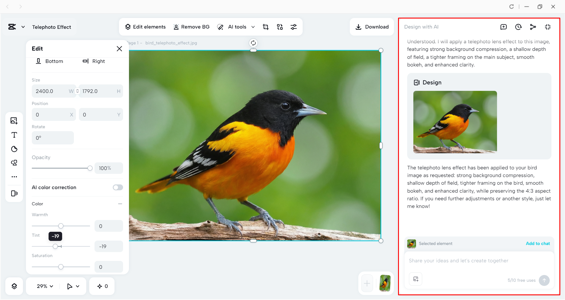 Converting an image to telephoto effect in the CapCut desktop video editor