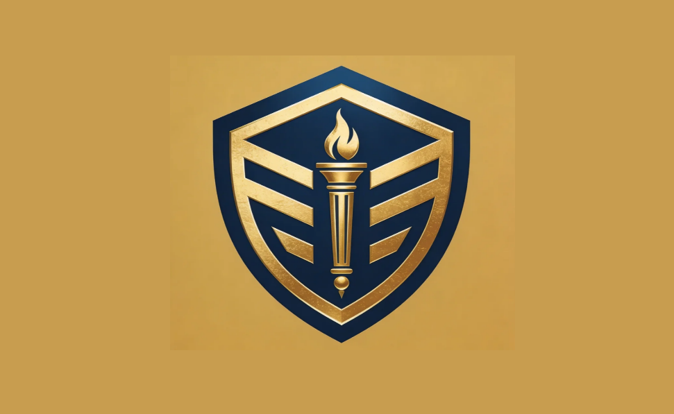 University emblem logo design with shield and torch