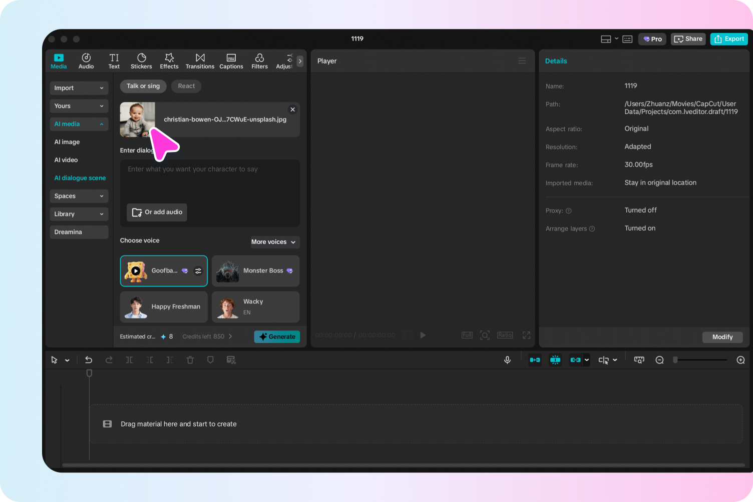 Uploading the baby picture to the CapCut AI baby video generator