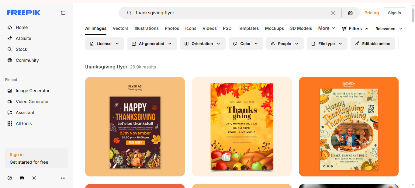 Interface of Freepik - a reliable source to get Thanksgiving Day flyer templates