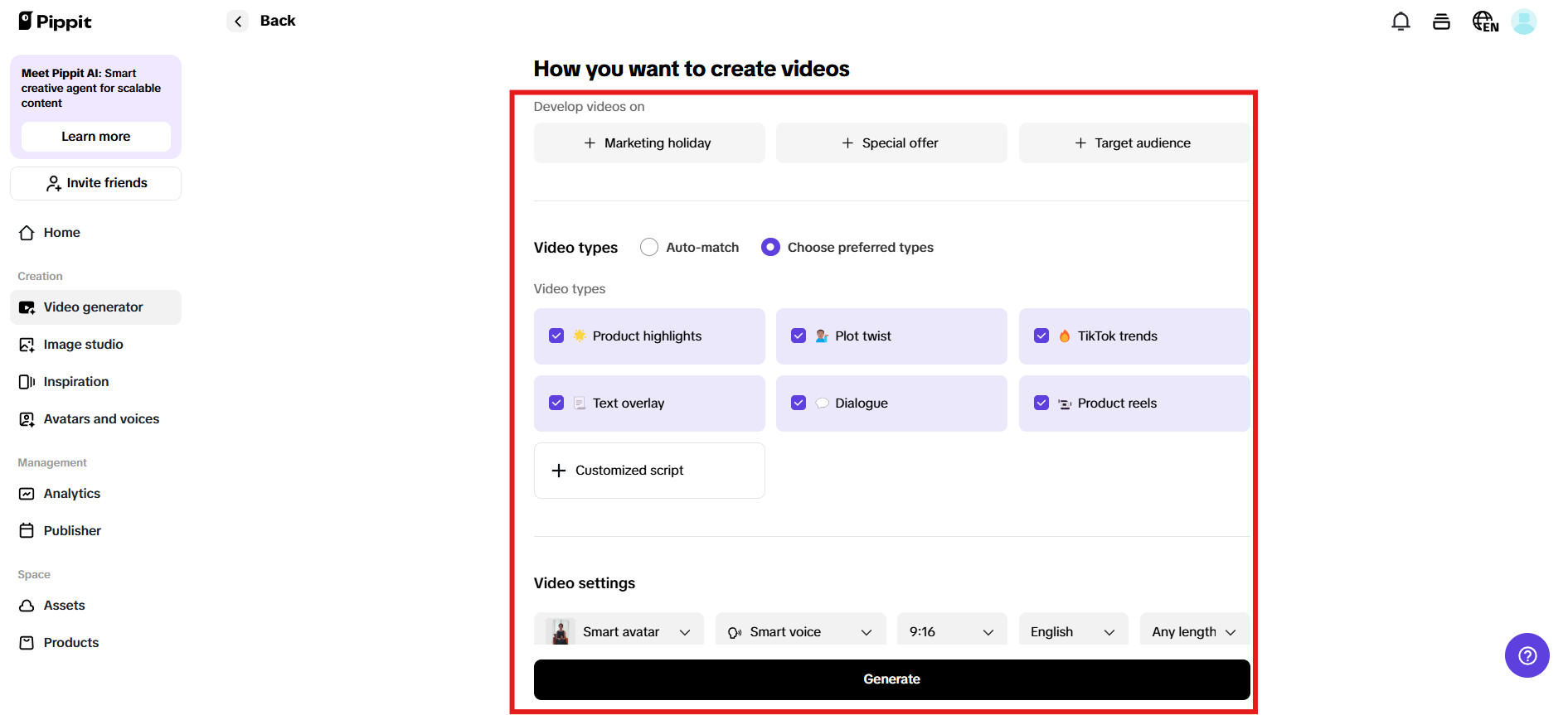 Confirm settings and generate