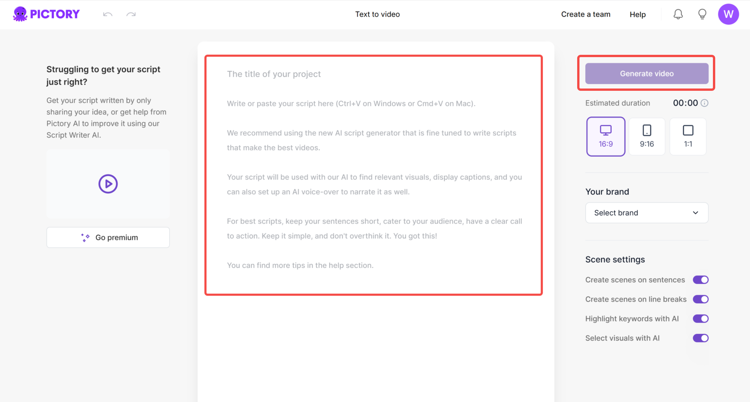 Writing the script for a video in Pictory's text-to-video tool