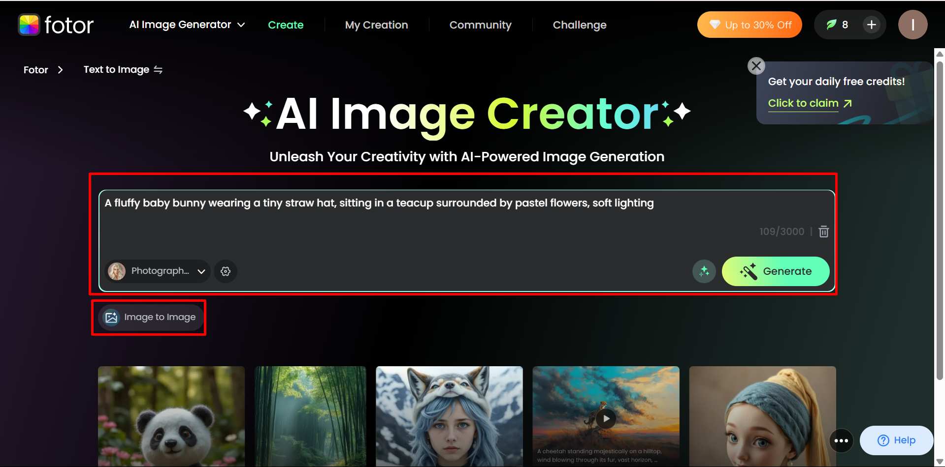 Entering prompt to in Fotor AI image generator