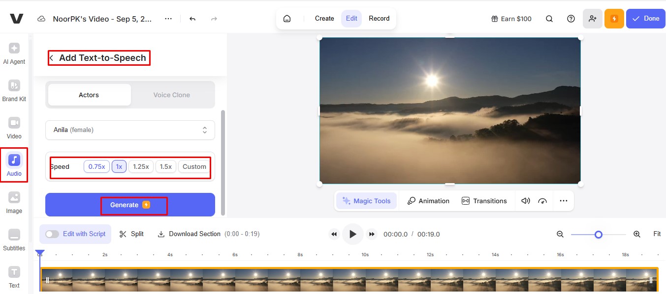 Generate speech in the Veed