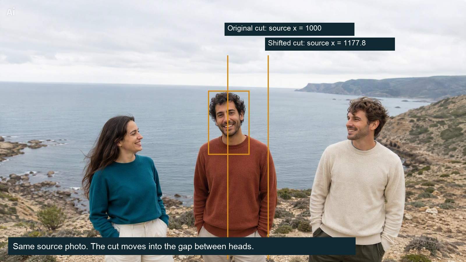 Two vertical cut positions are marked on the source photo, with the original passing through the middle head and the revised cut passing beside it.
