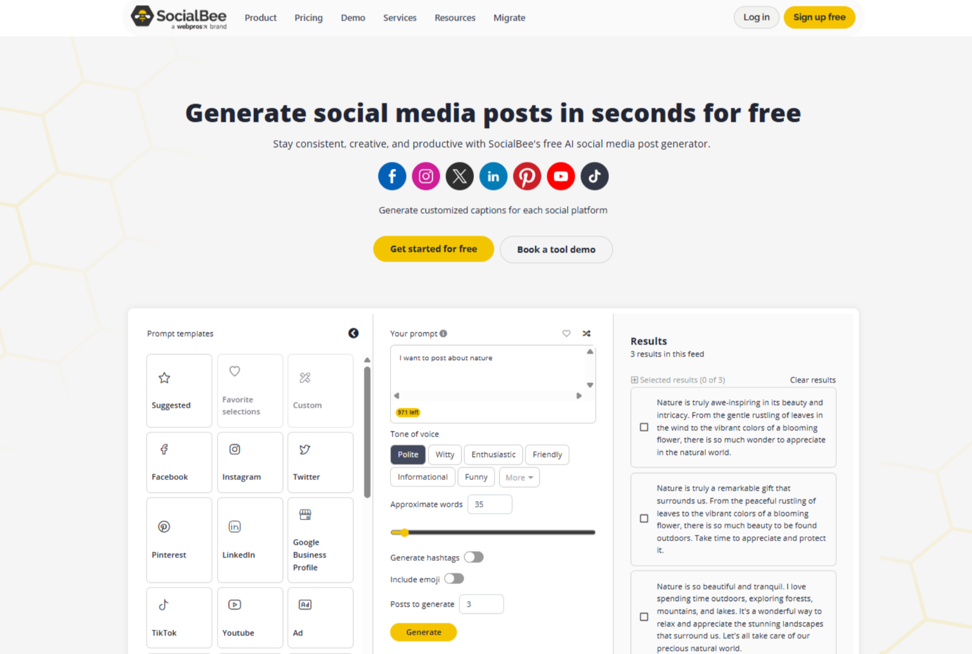 Interfejs SocialBee – innego darmowego generatora postów na Facebooka z wykorzystaniem AI