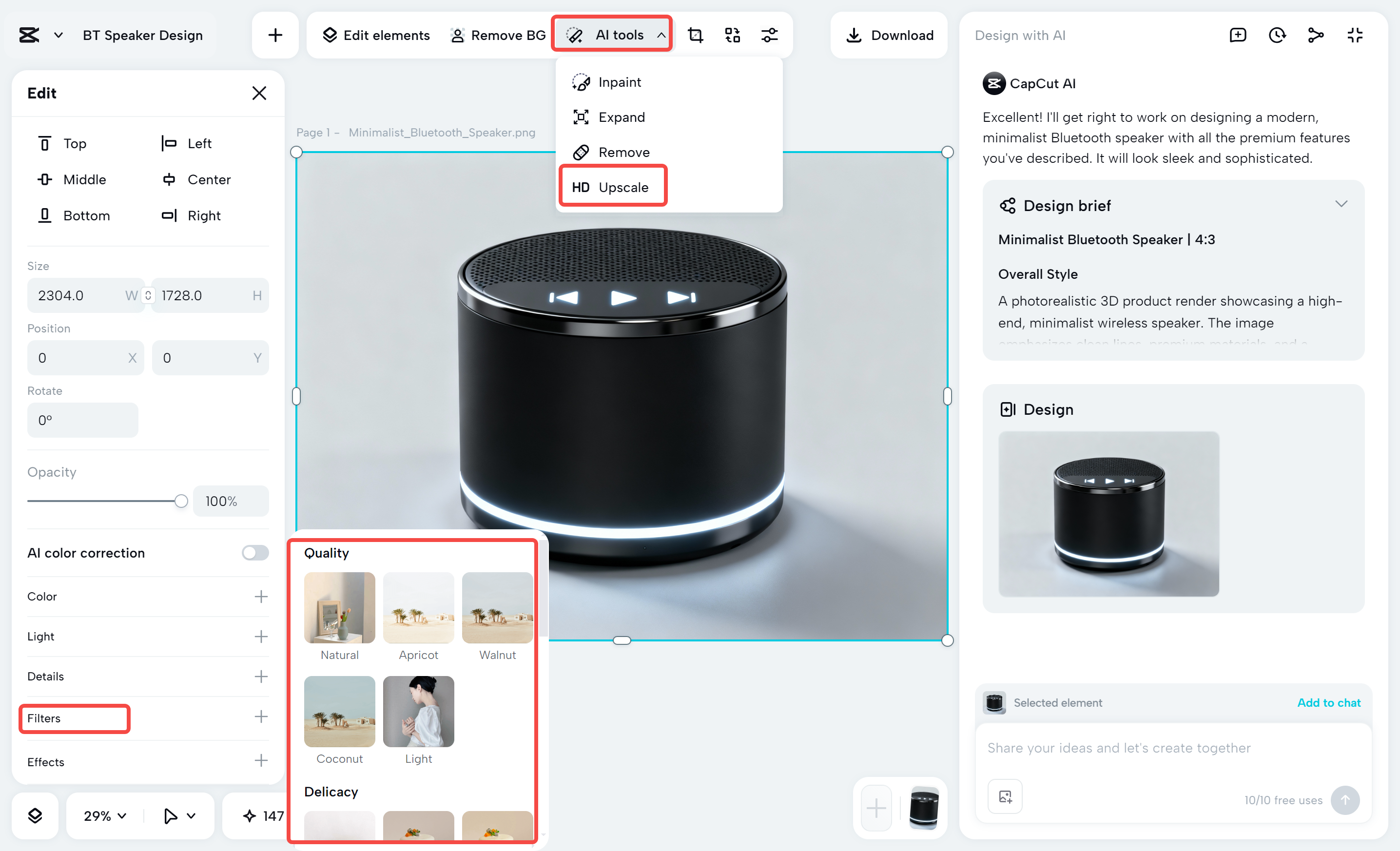 Customizing the AI-generated design with the CapCut desktop video editor