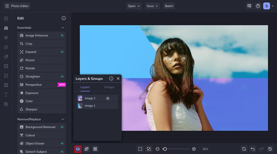 Interface of BeFunky - another free online AI photo editor