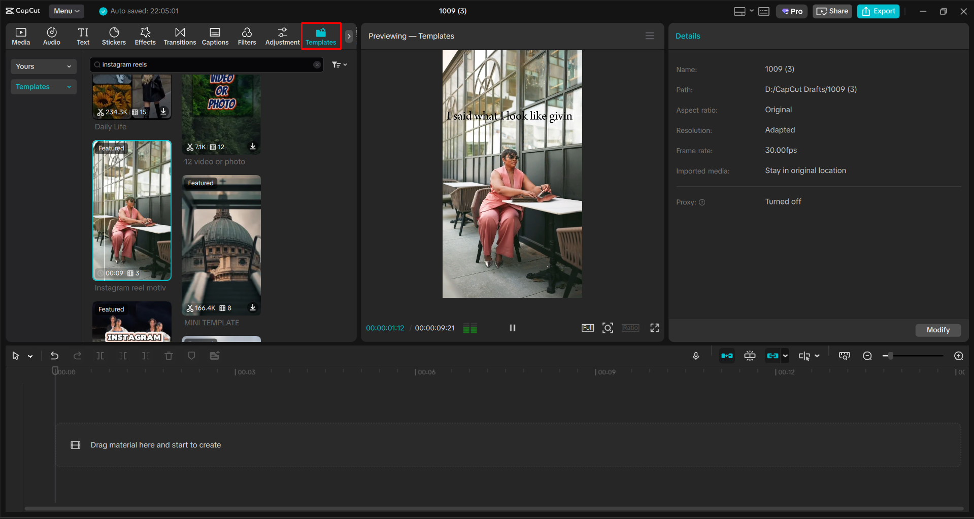 Choosing an Instagram video template in the CapCut desktop video editor