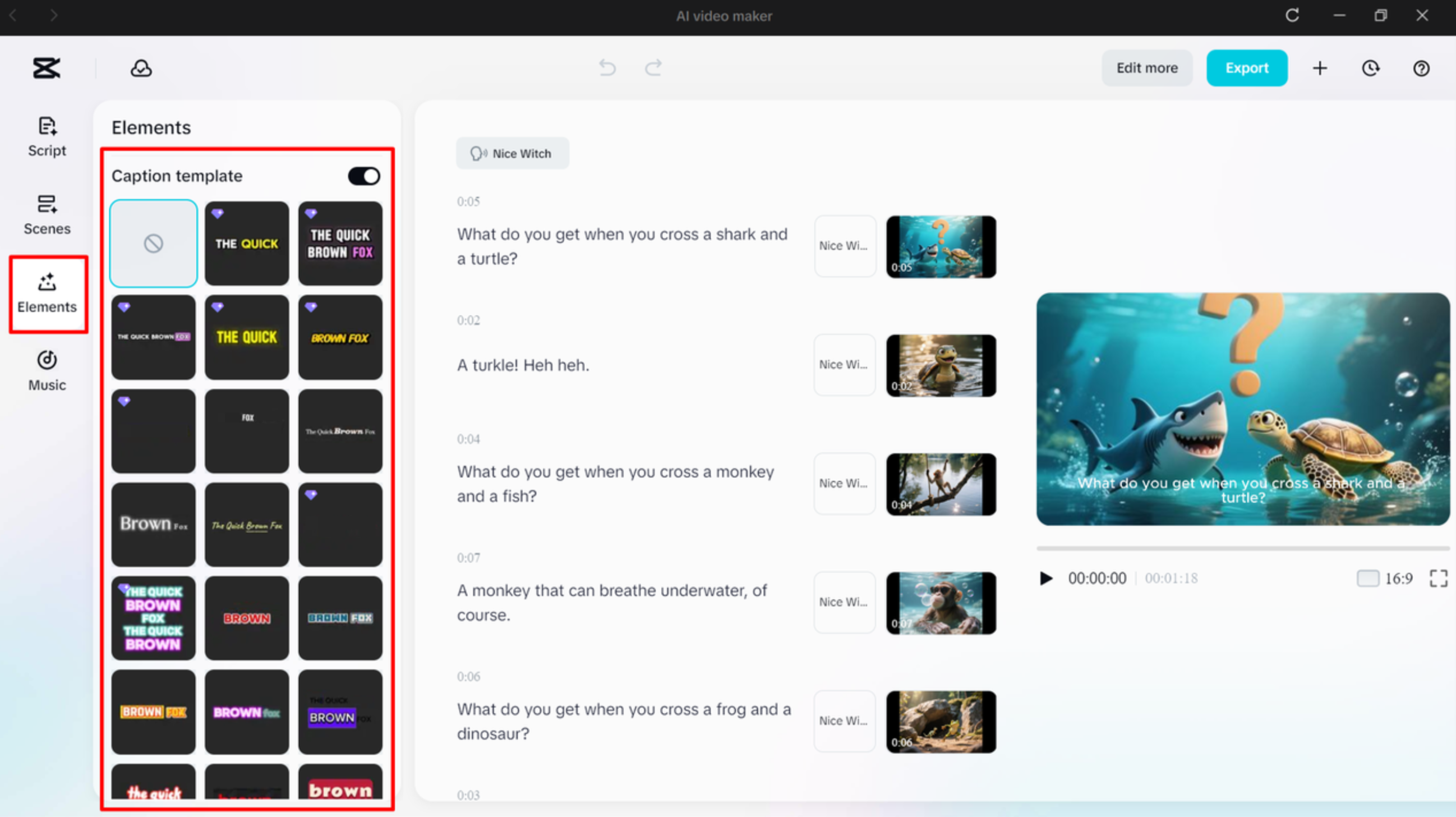 Applying a caption template to the video in CapCut's AI video maker