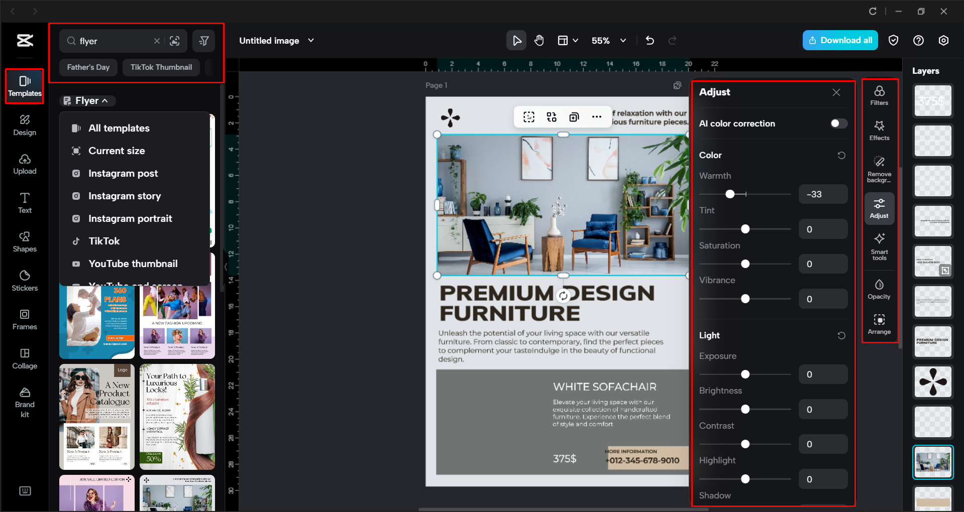 Editing the flyer template in the CapCut desktop video editor