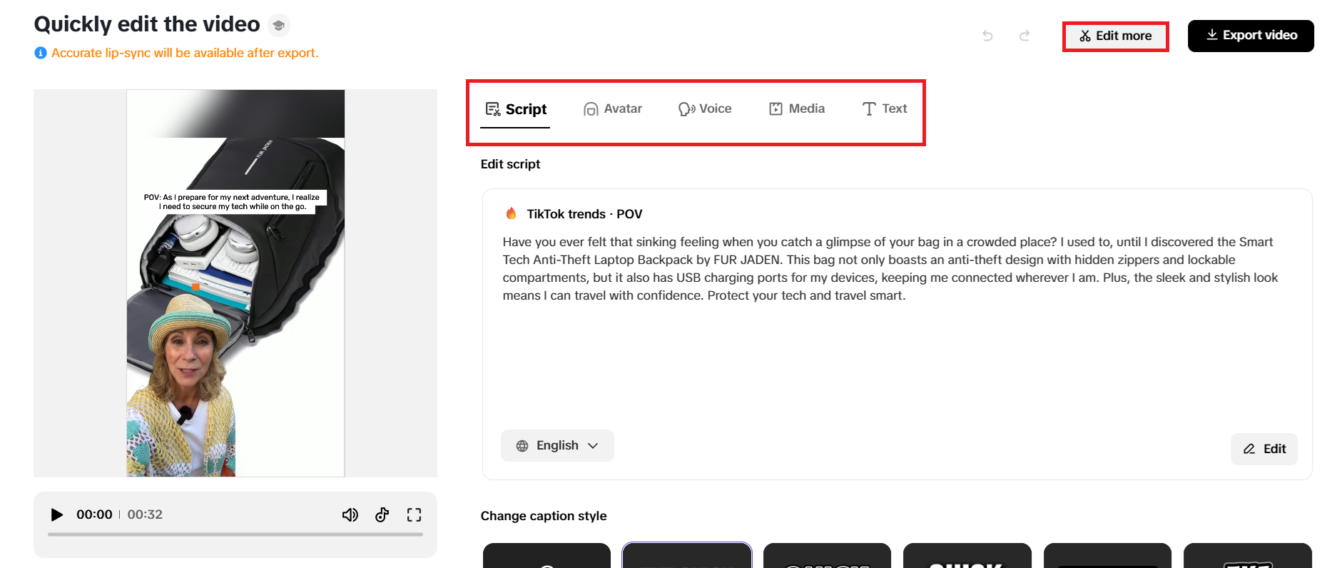 Quick editing options
