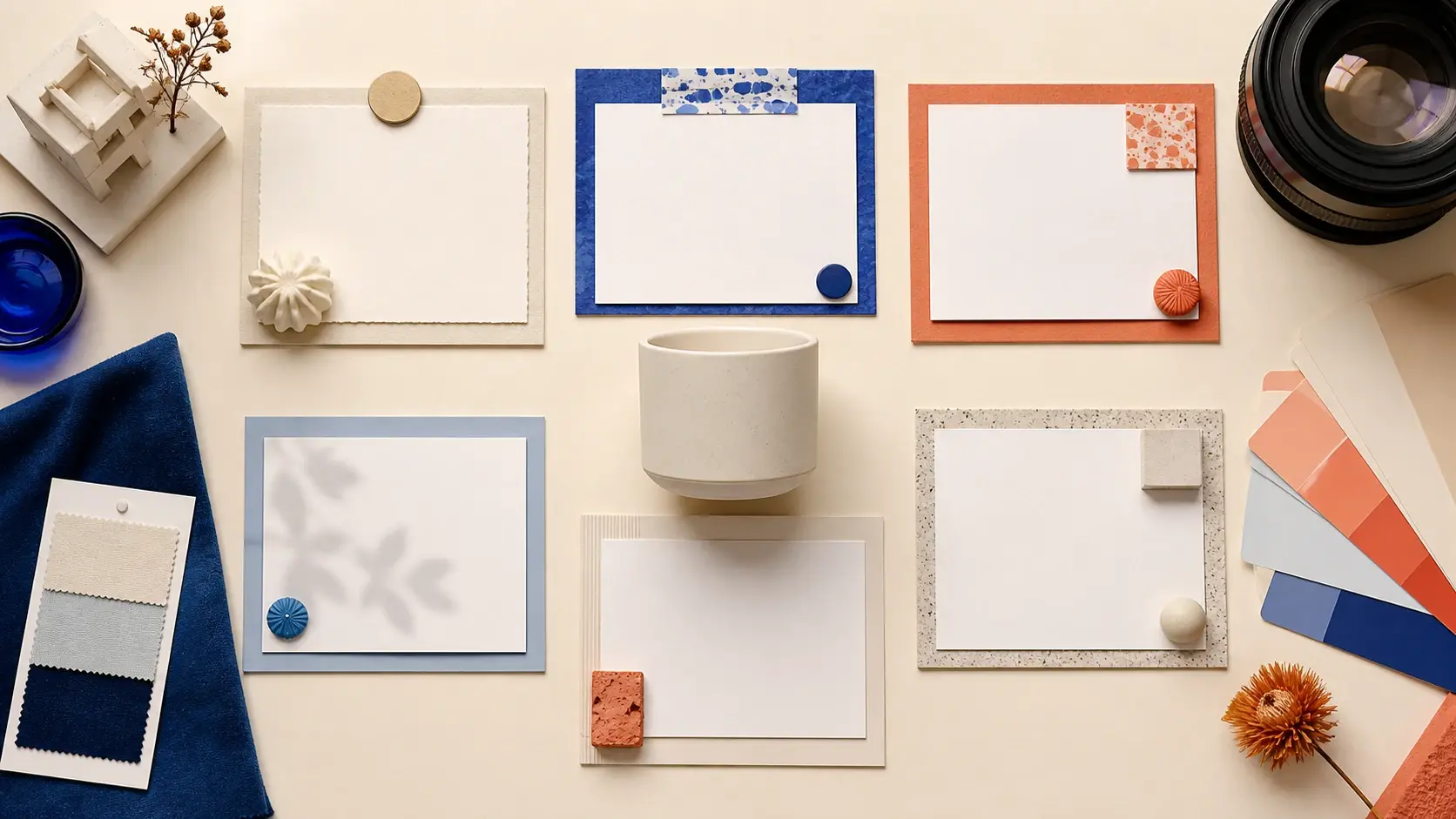 Flat lay of blank cards, color swatches, a camera lens, and decorative objects on a beige surface