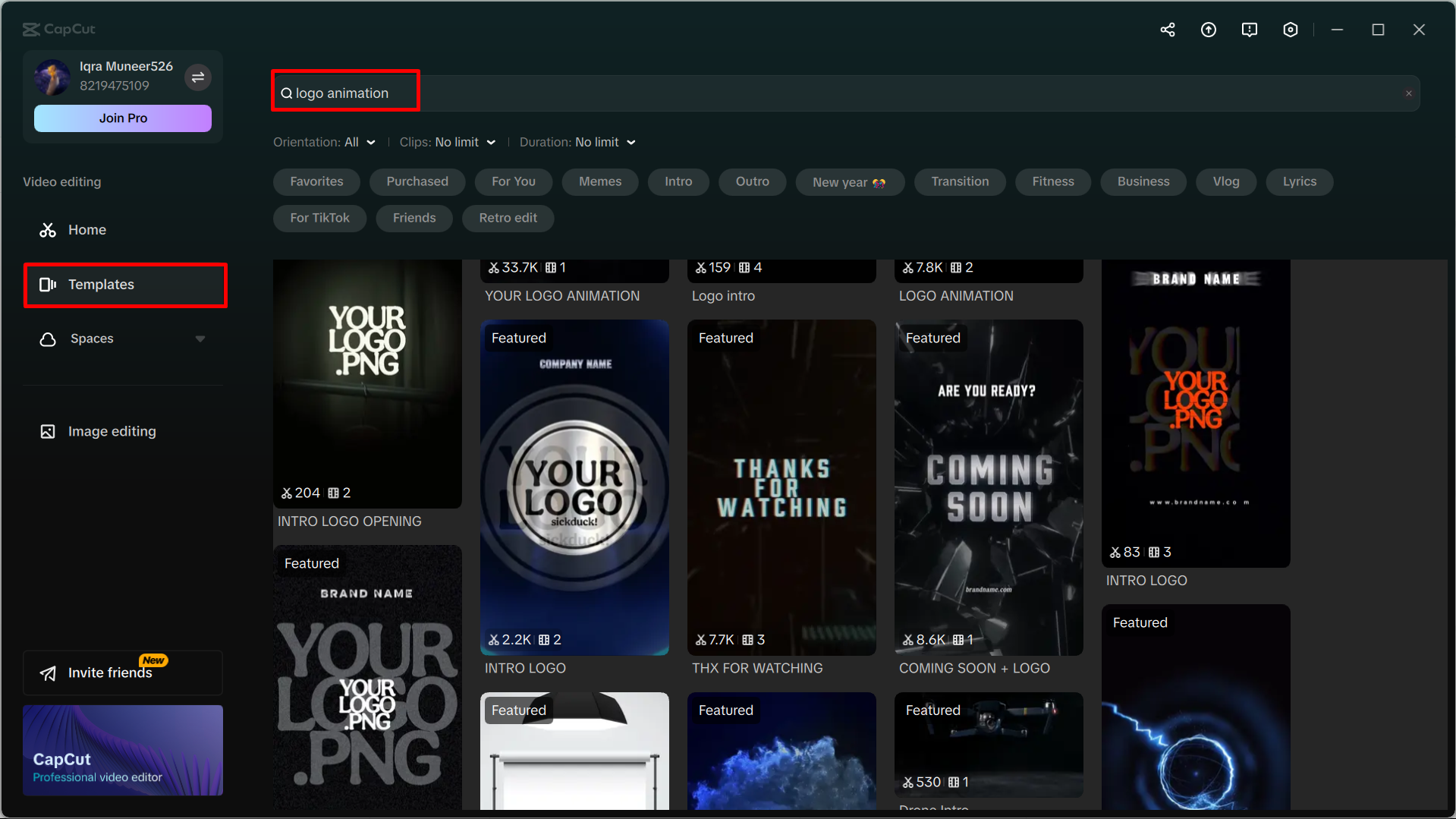 Browsing the built-in logo templates in the CapCut desktop video editor