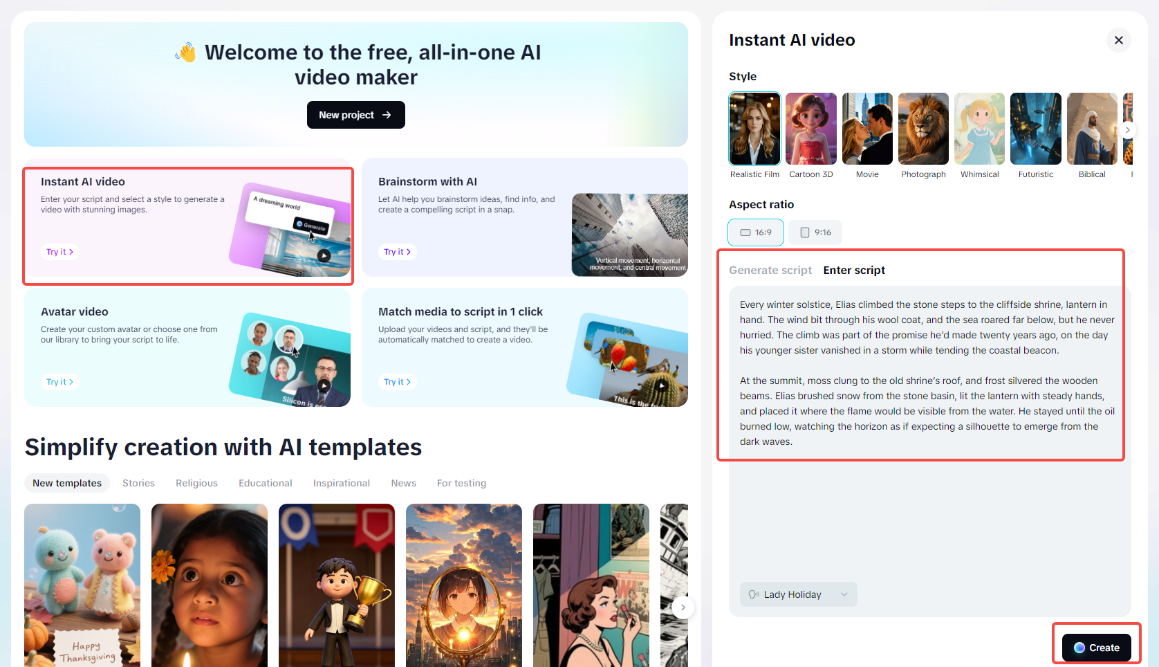 Using the "Instant AI video" feature in CapCut