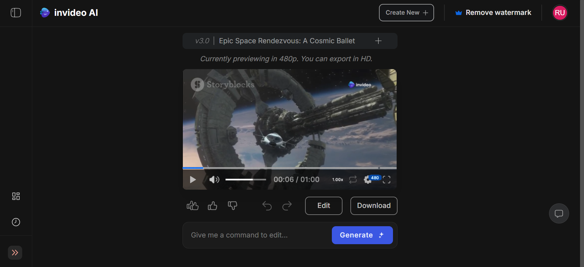 Interface de IA geração de vídeo InVideo