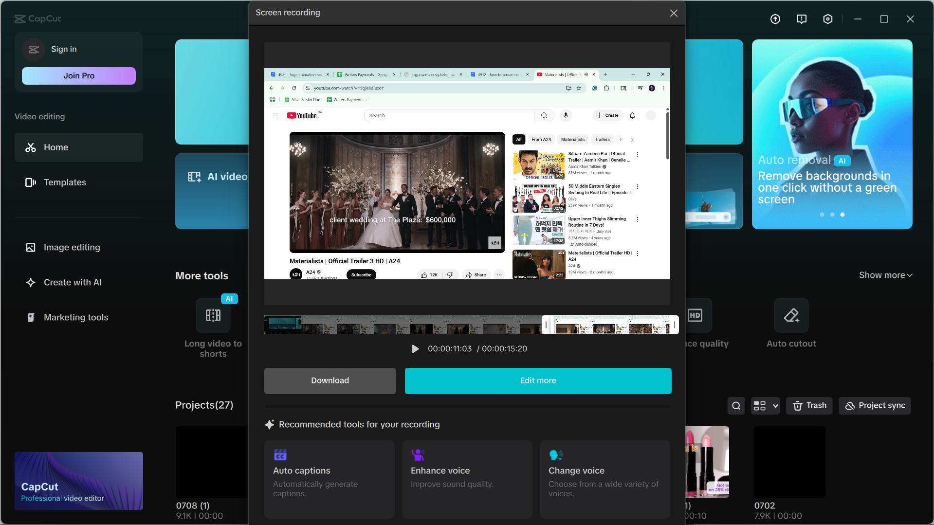 Gränssnittet i CapCuts stationära videoredigerare visar hur man spelar in skärmen på en Mac med röst.