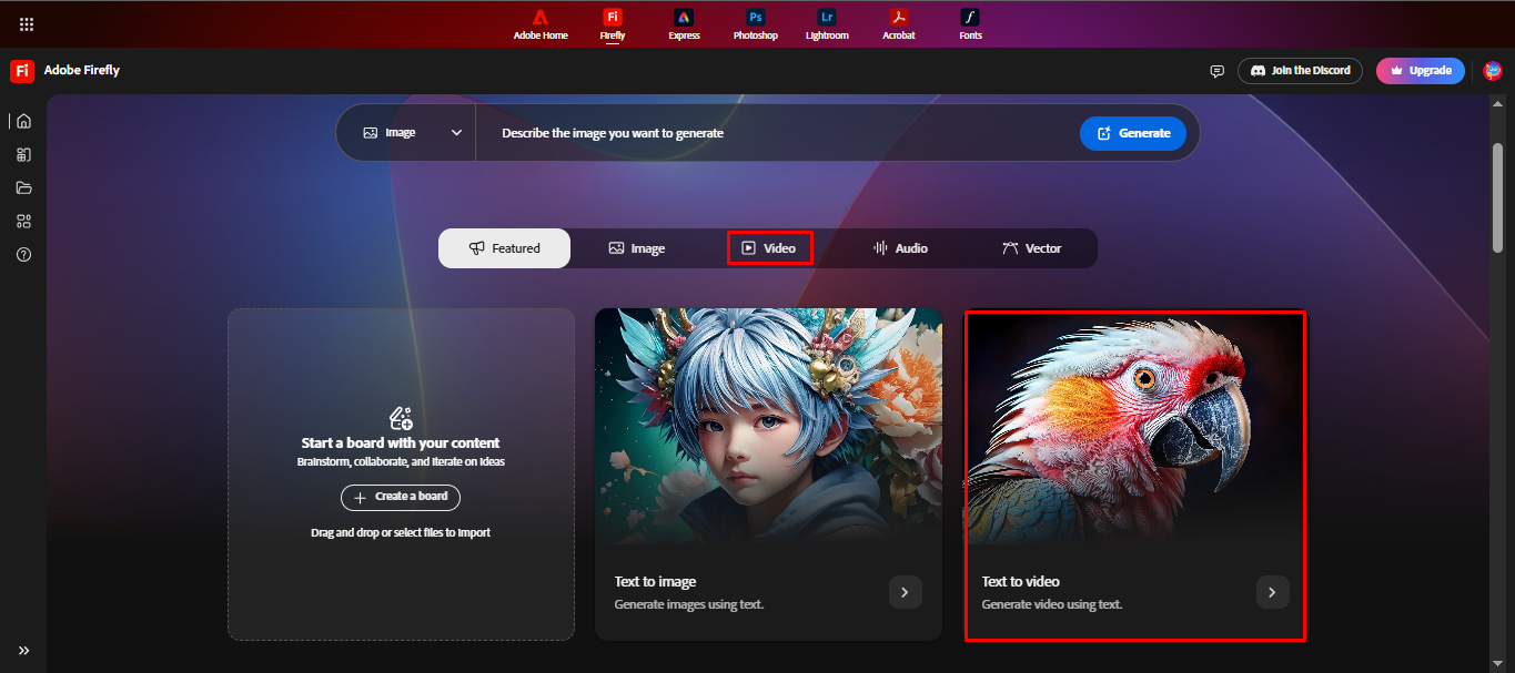 Interface of the Adobe Firefly video model