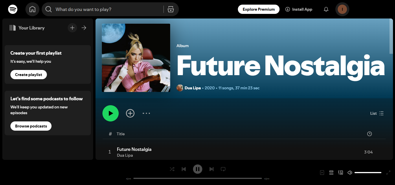 Future Nostalgia by Dua Lipa - a top streamed album on Spotify