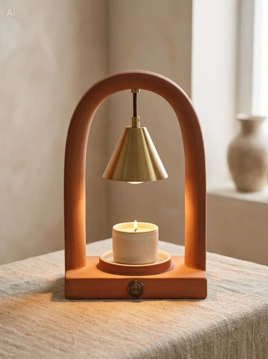A terracotta Ember Arc candle warmer in a clean product-detail composition.