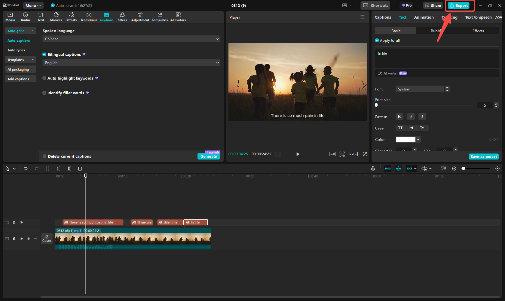 İngilizce ses dosyasını CapCut dışa aktarma