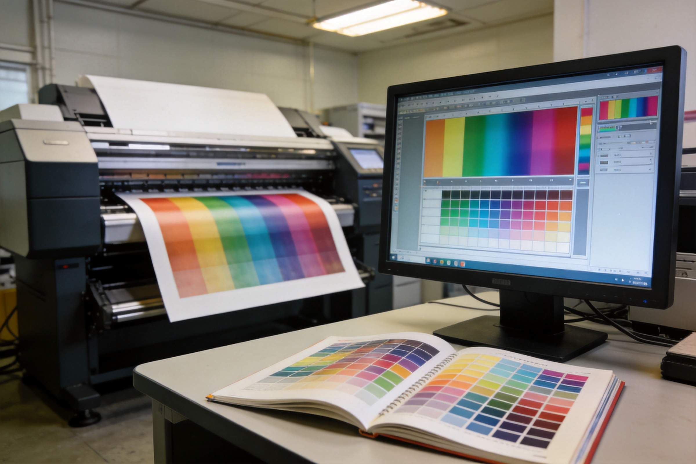 Large-format printer producing a rainbow color test print beside a monitor and swatch book