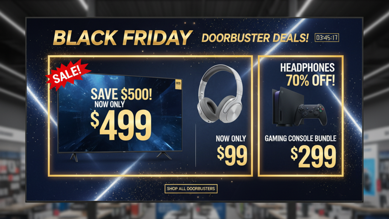 Menggunakan reka bentuk risalah Black Friday untuk mengetengahkan tawaran Doorbuster