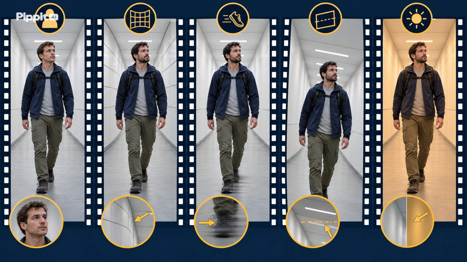 Five aligned filmstrip panels show distinct identity, scene, movement, camera, and lighting changes in one adult research scene.