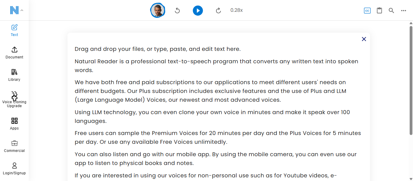 L'interface de NaturalReader
