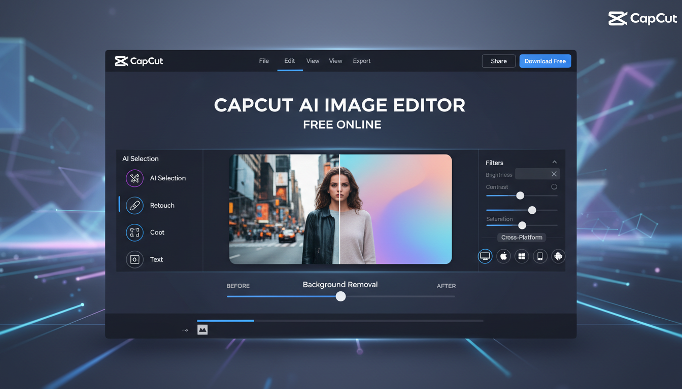 Banner de héroe que muestra CapCut la interfaz gratuita del editor de imágenes de IA con antes / después de la eliminación del fondo