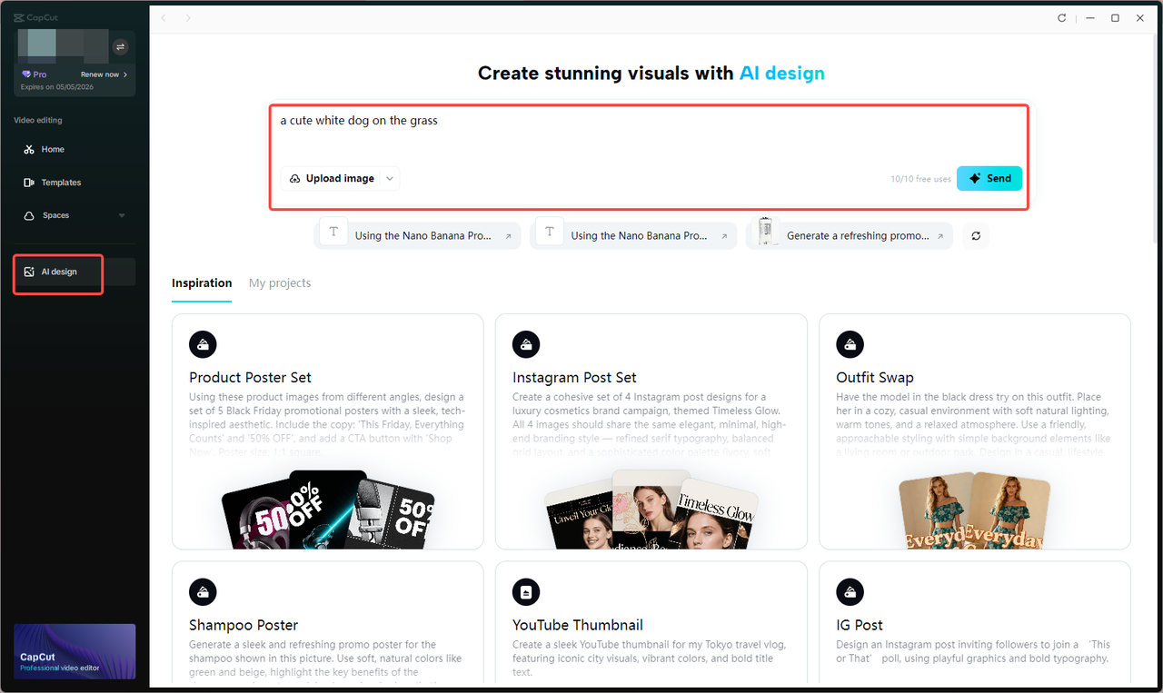 Access the AI design tool and enter a text prompt for image generation