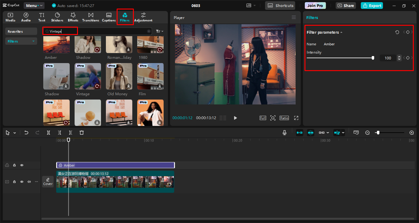 Applying vintage filters to the video in the CapCut desktop video editor