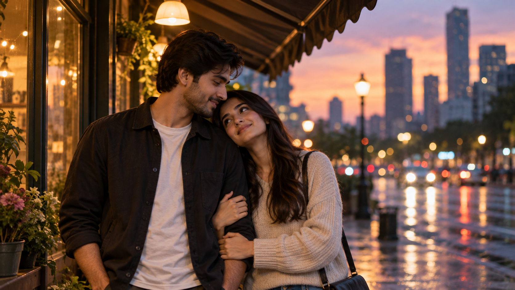 City Dusk Affectionate Pose example for chlare chalre waal couple photo editing prompt