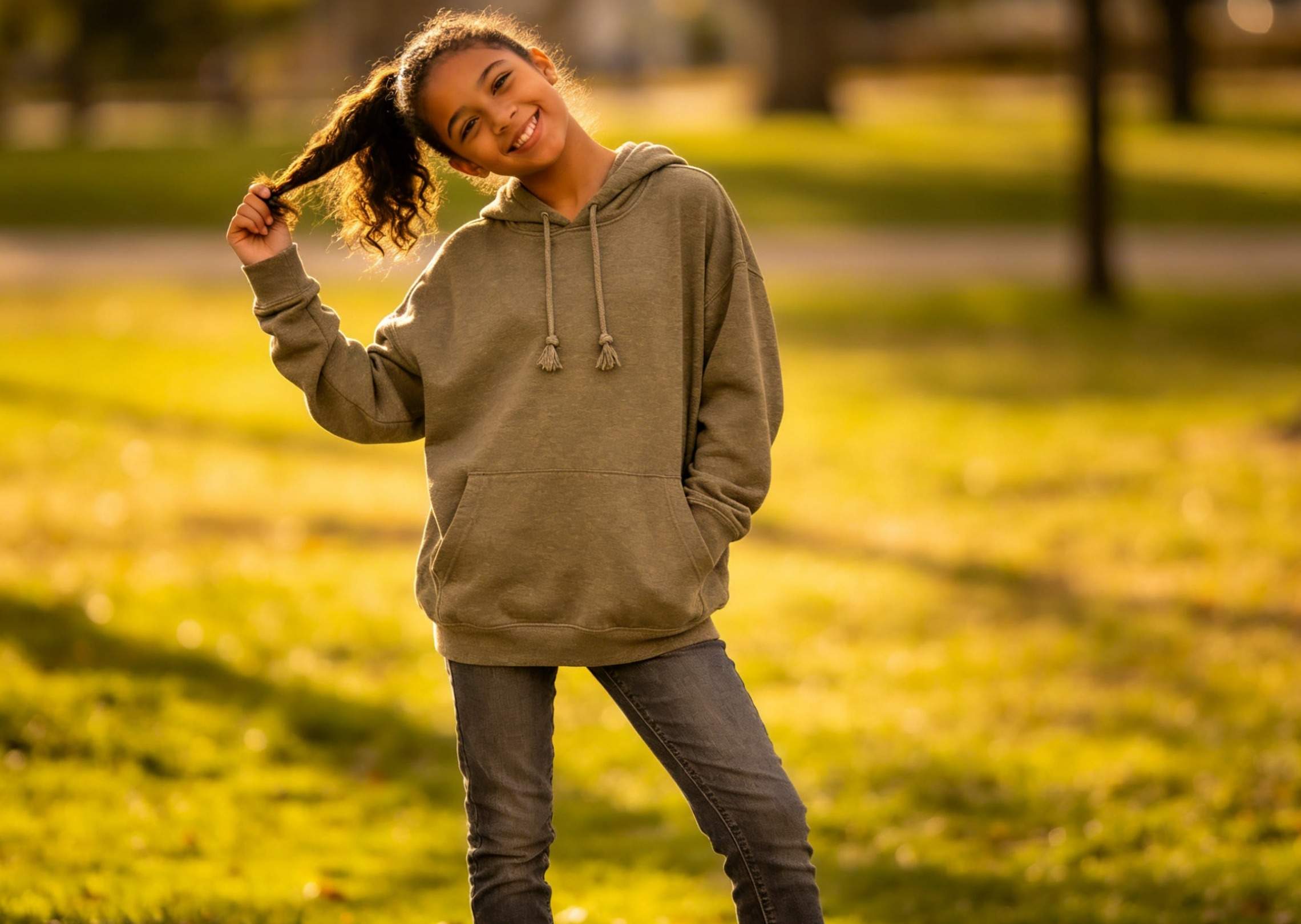 Hasilkan karakter wanita remaja kasual dengan hoodie dan jeans