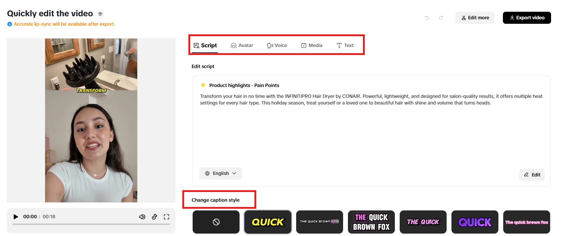 Modify script, avatar, voice, text and media