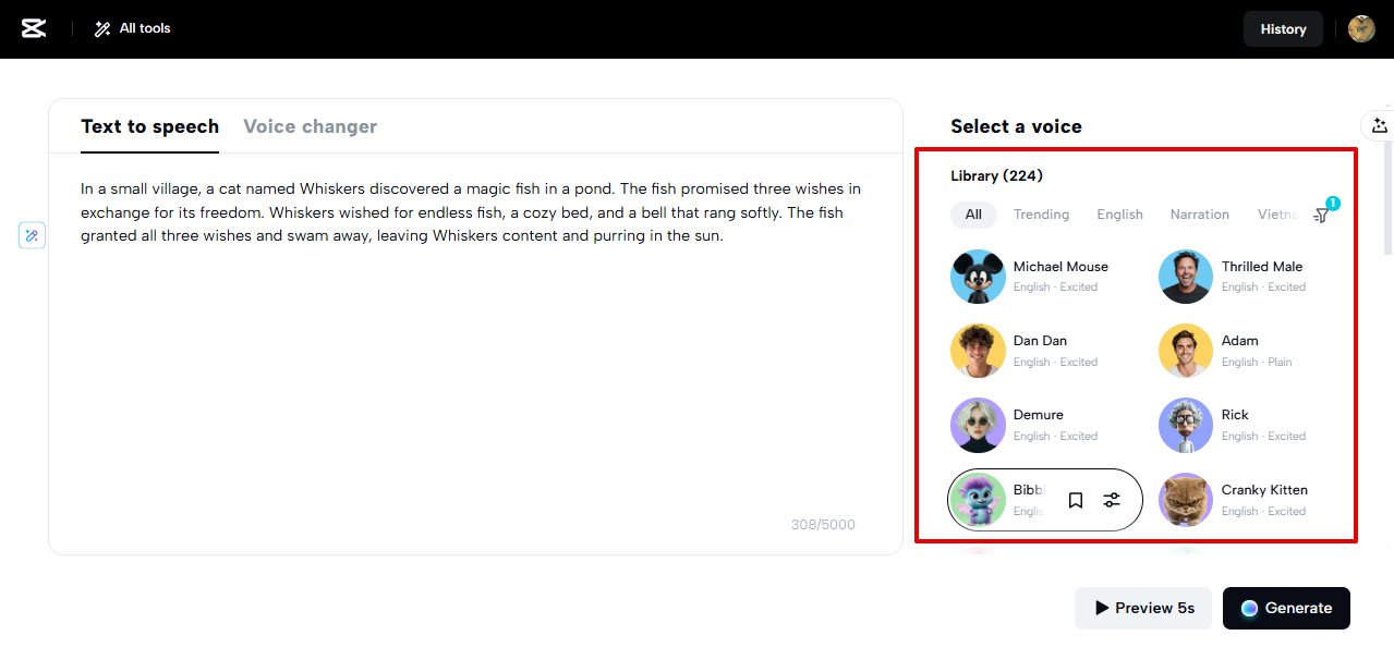CapCut Web voice speakers library
