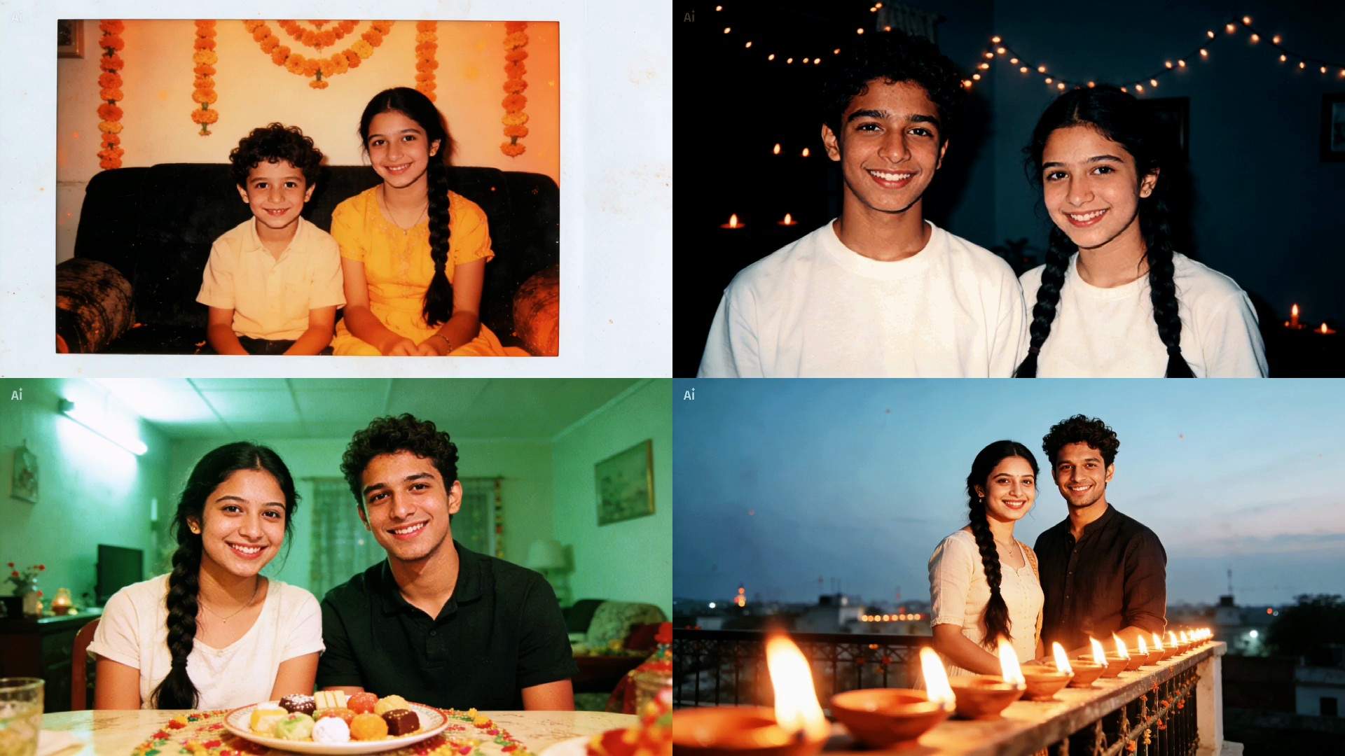 A two-by-two collage of the same brother and sister at four ages, in a 1990s print, a flash photo at night, a room lit by a fluorescent tube, and on a balcony with lamps, with matching skin tones and a warm filter.