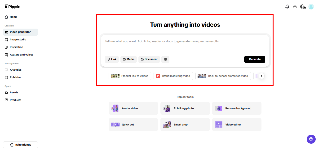 Gerador de vídeos Pippit